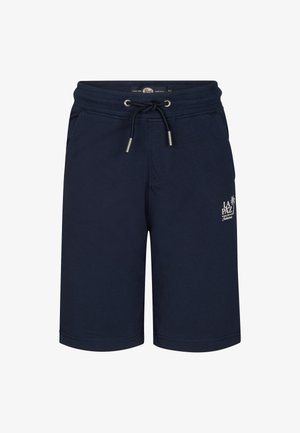 Marineblauwe casual shorts met trekkoord in de taille, zijzakken en een kleine witte "LA PAZ" print op de linker dij.