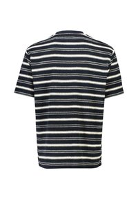 Camiseta de manga corta en rayas azul marino y crema, con un escote redondo, textura suave y corte holgado.