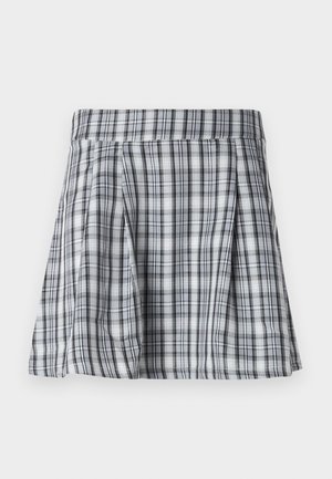 Karirana mini krila v sivi in beli barvi, z naborki in pasom. Narejena iz lahkotnega materiala, z navpičnimi in vodoravnimi črtami.