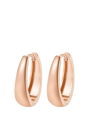 Par de pendientes de aro de oro rosa, lisos y pulidos, con un diseño ligeramente grueso y redondeado y cierre articulado sobre un fondo blanco.