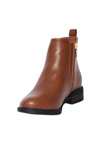 Stivale alla caviglia in pelle marrone con zip laterale, punta arrotondata e suola in gomma nera texturizzata. Presenta un piccolo anello sul retro per indossarlo facilmente.