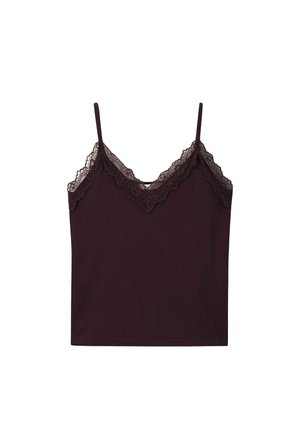 Haut caraco pourpre foncé avec fines bretelles et bordure en dentelle le long de l'encolure en V et des bords supérieurs.