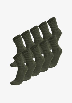 Packung mit zehn olivgrünen Socken, mit Rippenstruktur, mittellang bis zur Wade, mit verstärkter Ferse und Spitze. Weiches Strickgewebe für Komfort.