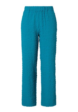 Blå teksturerede bukser med lige ben og elastisk talje, vist mod en hvid baggrund.