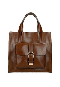Borsa a spalla in pelle marrone con due manici robusti, una tasca frontale con patta chiusa da una fibbia in metallo e una finitura liscia e lucida.
