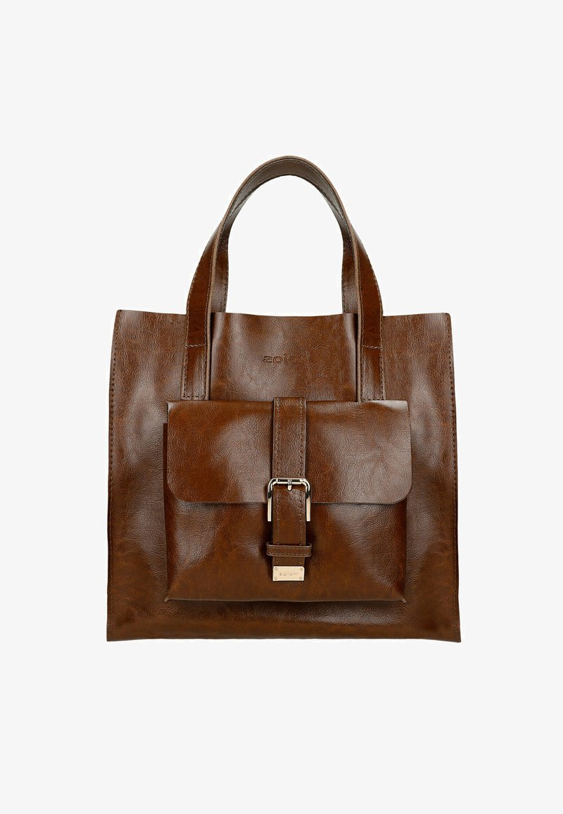 Borsa a spalla in pelle marrone con due manici robusti, una tasca frontale con patta chiusa da una fibbia in metallo e una finitura liscia e lucida.