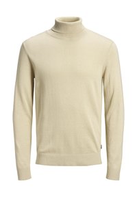 Beige Rollkragenpullover aus weichem Strickstoff. Mit langen Ärmeln und gerippten Bündchen und Saum. Minimalistisches Design ohne Muster.