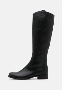 Bottines en cuir noir, hauteur genou, avec un bout arrondi, une texture lisse, des panneaux élastiques sur les côtés et un petit talon empilé pour plus de stabilité.