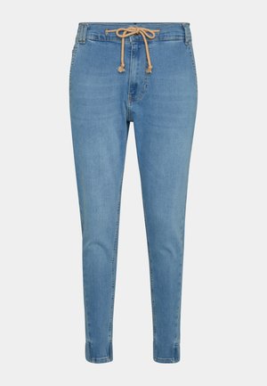 Pantaloni jogger in denim blu chiaro con vita regolabile, gambe affusolate e un leggero effetto sbiadito. Presentano tasche anteriori e posteriori per funzionalità.