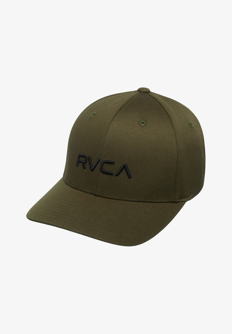 Olivgrüner Baseballcap aus strukturiertem Stoff. Verfügt über ein schwarzes, gesticktes "RVCA"-Logo auf der Vorderseite und metallene Belüftungsöffnungen.