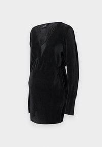 Musta, pitkähihainen äitiysneule, joka on valmistettu ribbikuidusta, jossa on V-pääntie ja rento malli, suunniteltu mukavuutta varten raskauden aikana.