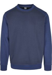 Marineblauwe sweatshirt gemaakt van een katoenmengsel, met een ronde hals, geribbelde manchetten en zoom, en contrasterende schouderaccenten.