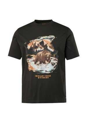 Schwarzes Baumwoll-T-Shirt mit kurzen Ärmeln, das ein zentrales Bär-Motiv und eine Berglandschaft zeigt, ergänzt durch den Text "INDIAN CREEK WYOMING" darunter.