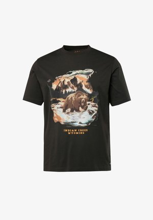 Czarny bawełniany t-shirt z krótkim rękawem, z centralnym nadrukiem misia i górskiego krajobrazu, uzupełniony napisem "INDIAN CREEK WYOMING" poniżej.