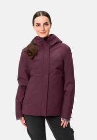 Giacca impermeabile bordeaux con cappuccio, zip frontale e due tasche laterali. Presenta una texture liscia e inserti grigi ai polsini.