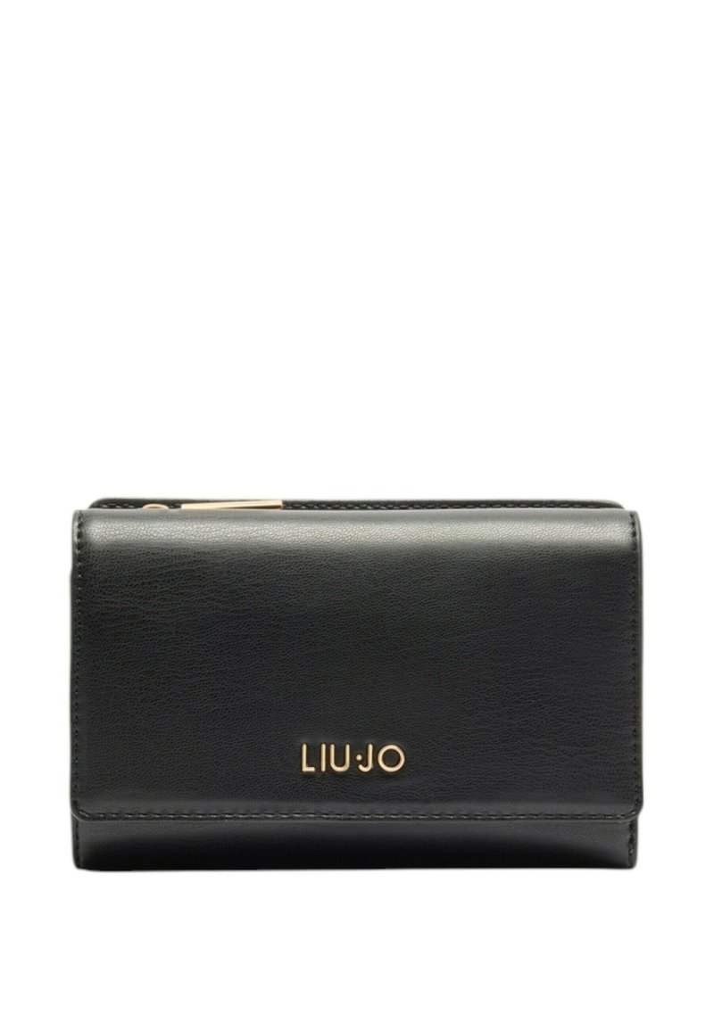 Portafogli in pelle nera con superficie testurizzata, caratterizzato da un logo dorato "LIU JO" sul fronte e un design compatto e rettangolare.