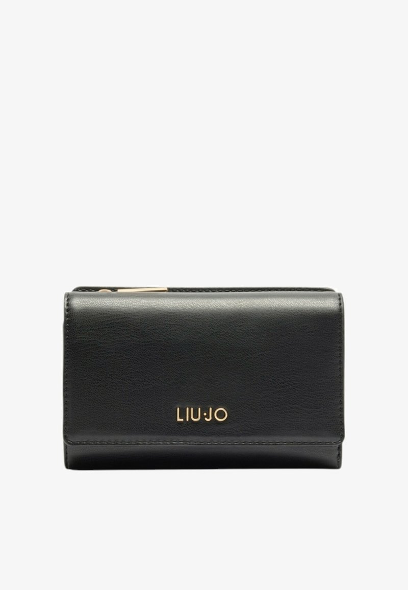 Portafogli in pelle nera con superficie testurizzata, caratterizzato da un logo dorato "LIU JO" sul fronte e un design compatto e rettangolare.