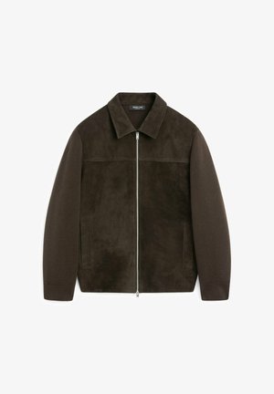 Donkerbruine suède jas met mouwen van gebreide stof, een kraag, een rits aan de voorkant en twee steekzakken.