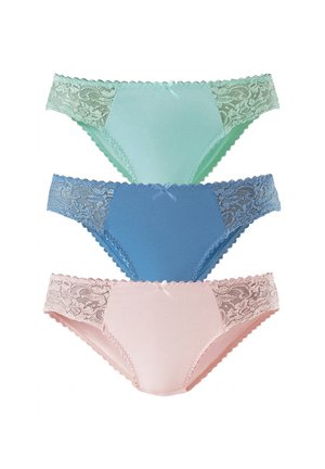 Three women's lace-trimmed bikini-style underwear in pastel green, blue, and pink, stacked vertically on a white background.
