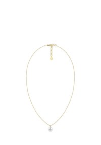 Goldkette mit einem einzelnen weißen Perlenanhänger, einer strukturierten Kette und einem minimalistischen Design. Verstellbarer Längenverschluss.