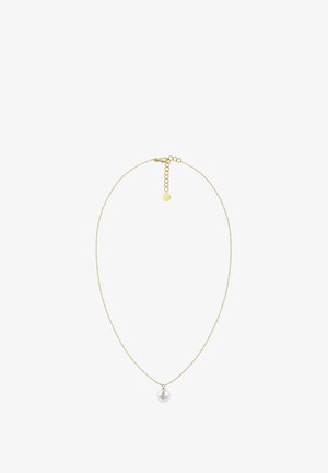 Zelta ķēdes kaklarota, kurai ir viens balts pērle piekariņš, ar teksturētu ķēdi un minimālistisku dizainu. Ar regulējamas garuma sprādzi.