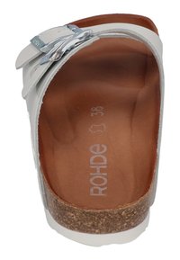 Light grey slide sandal with a silver buckle, cork midsole, and brown textured footbed. Size 38 printed inside.