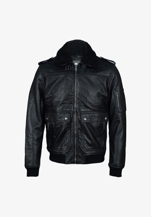 Czarna skórzana kurtka typu bomber z kołnierzem z owczej skóry, przednim zamkiem błyskawicznym, dwoma przednimi kieszeniami oraz kieszenią na rękawie na zamek. Gładka tekstura i dopasowany krój.