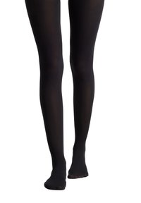 Collant neri opachi con una texture liscia, vestibilità aderente e design senza cuciture, che coprono le gambe e i piedi, offrendo una copertura totale.