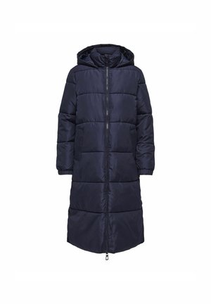 Cappotto invernale imbottito lungo di colore blu navy con cappuccio, cerniera frontale completa e polsini elasticizzati per protezione dal freddo.
