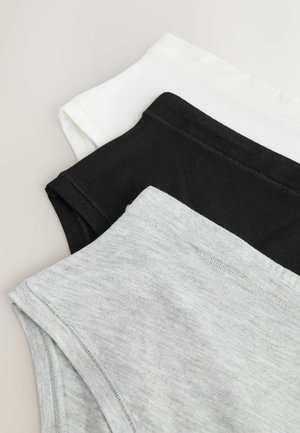 Kolme toppia väreissä valkoinen, musta ja harmaa, pehmeästä puuvillamateriaalista, jossa sileä pinta ja yksinkertainen muotoilu. Jokaisessa on pyöreä pääntie.