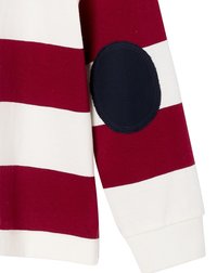 Rot-weißer gestreifter Langarmartikel mit einem Marineblauen Ellbogenpatch; weicher Stoff und gerippte Bündchen.