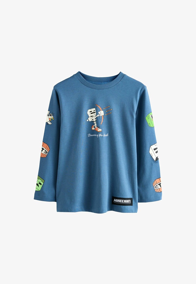 Sinine pikkade varrukatega T-särk, mis on valmistatud puuvillast; sellel on Minecrafti teemalised graafikaid varrukatel ja rinnal, sealhulgas tegelased ja plokid.
