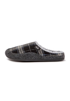 Zapatilla de cuadros en gris, negro y azul, con un suave forro de peluche y un diseño de poner y quitar. Tela texturizada con una suela oscura.