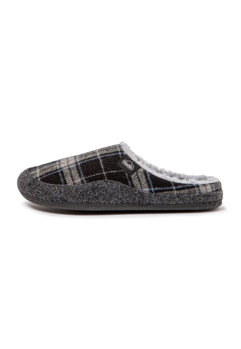 Zapatilla de cuadros en gris, negro y azul, con un suave forro de peluche y un diseño de poner y quitar. Tela texturizada con una suela oscura.