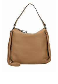 Borsa a spalla in pelle tan con finitura texture, chiusura con zip superiore e tracolla rimovibile. Presenta una forma morbida e svasata.