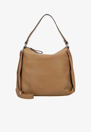 Sac à épaule en cuir tan avec une finition texturée, une fermeture zippée sur le dessus et une bandoulière amovible. Présente une forme douce et décontractée.