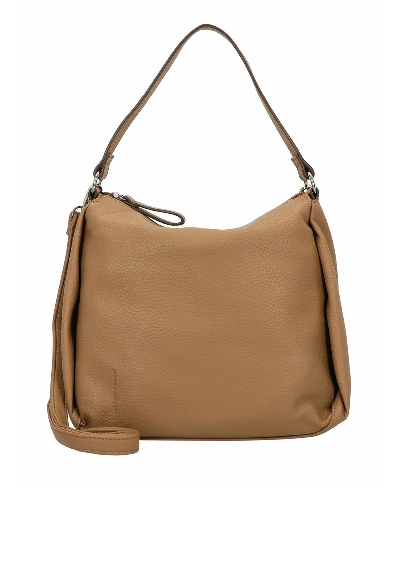Borsa a spalla in pelle tan con finitura texture, chiusura con zip superiore e tracolla rimovibile. Presenta una forma morbida e svasata.