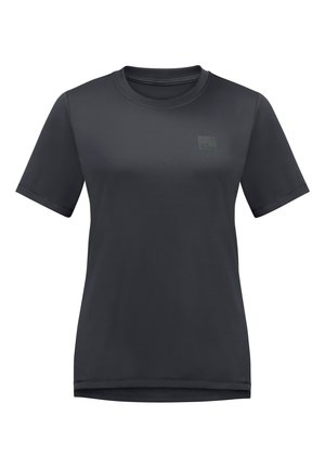 Short-sleeve, crew-neck t-shirt in dark gray. Smooth, lightweight fabric with a small logo in the upper left corner. Clean design with no patterns.