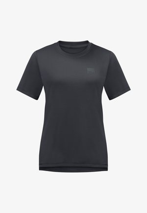 Korte mouwen, ronde hals t-shirt in donkergrijs. Zachte, lichte stof met een klein logo in de bovenste linkerhoek. Strak ontwerp zonder patronen.