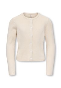 Krämfärgad ribbad cardigan med långa ärmar, rund hals och fem vita knappar framtill. Mjuk textur och figursydd design.