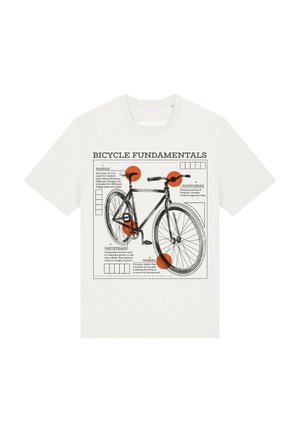 Weißes T-Shirt mit schwarzer Skizze eines Fahrrads und beschrifteten Teilen: Sattel, Lenker, Antrieb und Rad, hervorgehoben in orangen Kreisen.