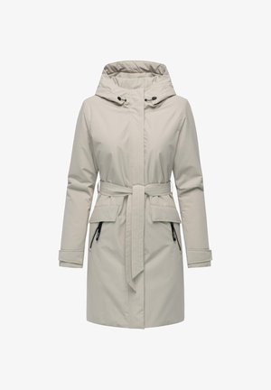 Light grey waterproof jacket with a hood, belted waist, and two zippered front pockets. Features long sleeves and a smooth texture.