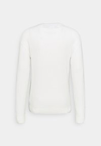 Maglione bianco lavorato a maglia con maniche lunghe, texture a coste e vestibilità comoda. Il retro presenta un design semplice senza hardware visibile.