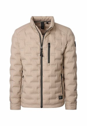 Beige gepolsterte Jacke mit gestepptem Design, hohem Kragen und schwarzen Reißverschlüssen. Verfügt über zwei Seitentaschen und eine Brusttasche. Hergestellt aus leichtem Material.