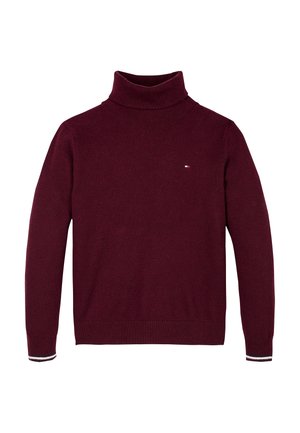 Pull bordeaux avec un col roulé haut, des manches longues, des poignets côtelés et un petit logo sur la poitrine. Texture douce et tricotée.