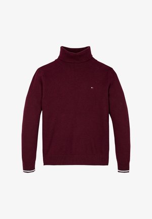 Maglione bordeaux con collo alto a dolcevita, maniche lunghe, polsini a coste e piccolo logo sul petto. Tessuto morbido e lavorato a maglia.