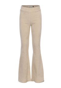 Beige geribbelde leggings met een flared ontwerp, voorzien van een brede tailleband en een zachte textuur. Geen zichtbare hardware of patronen.