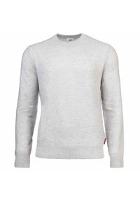 Maglione a maniche lunghe grigio chiaro in maglia, con polsini, orlo e scollatura a coste, caratterizzato da un piccolo etichetta rossa sul lato sinistro.