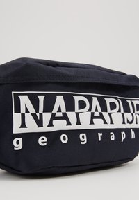 Sacca in tessuto nero con logo bianco "NAPAPIJRI geography" stampato sul lato, su uno sfondo grigio chiaro uniforme.