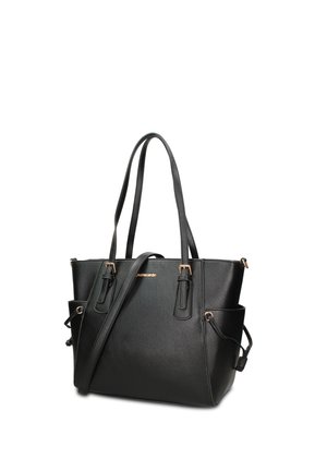 Borsa tote in pelle nera con doppie maniglie superiori, tracolla regolabile, tasche laterali e fibbie e dettagli logo in tonalità oro.
